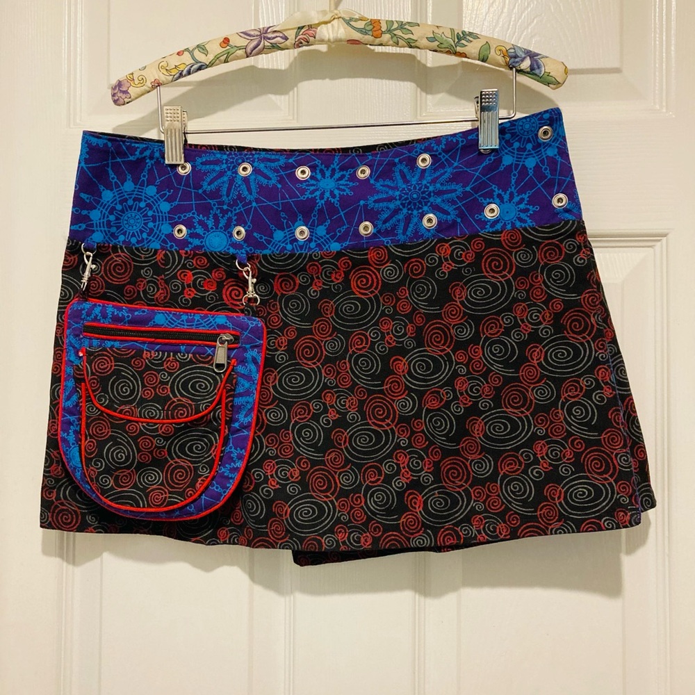Street fair reversible mini skirt with attachable coin purse.